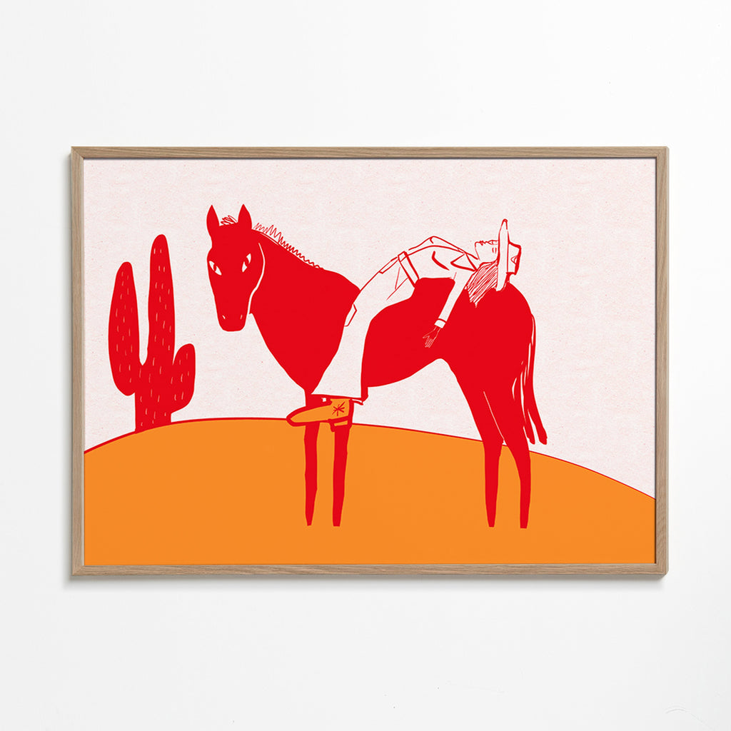 Obraz cowgirl odpočívající na červeném koni – Oak Frame