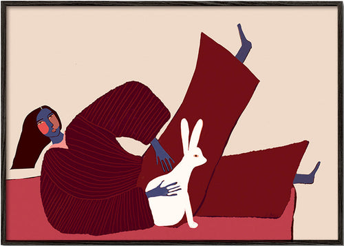Ilustrace ležící postavy s králíkem – Black Frame