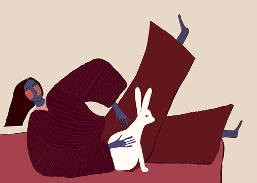 Ilustrace ležící postavy s králíkem