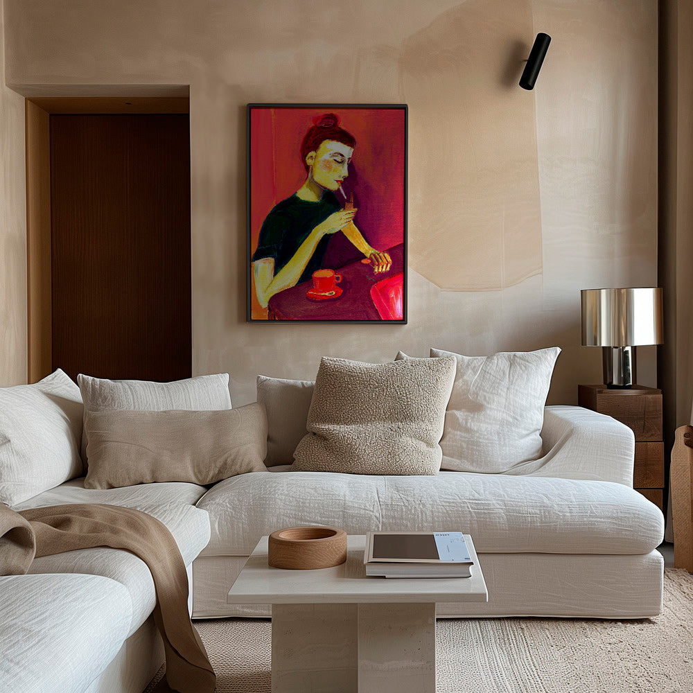 Ilustrace ženy kouřící s červeným šálkem – Canvas2