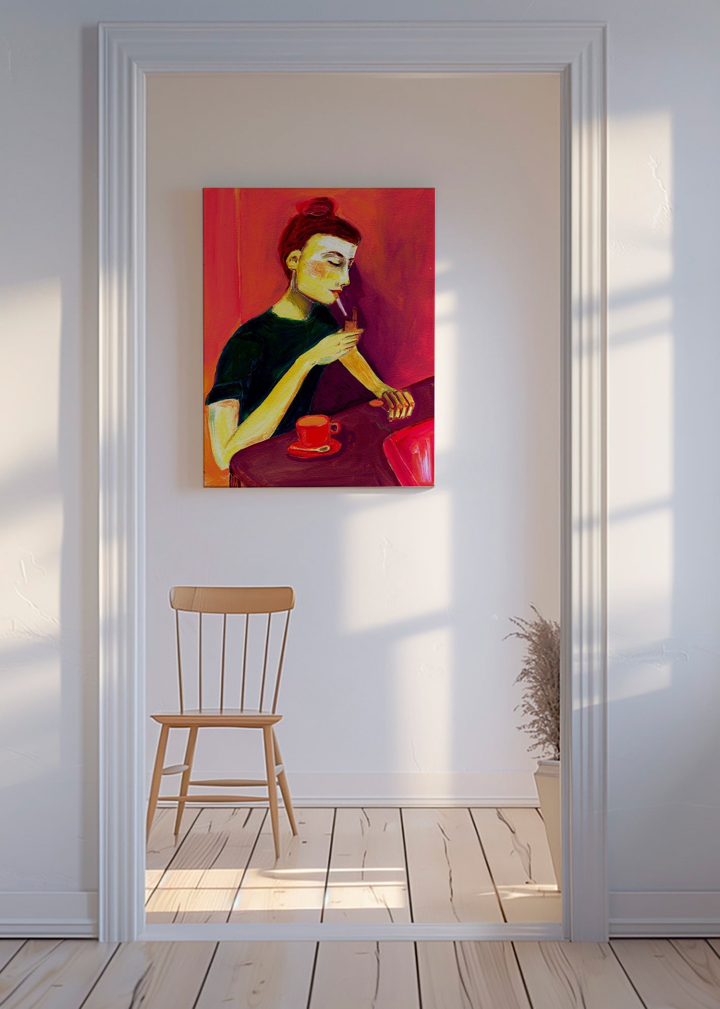 Ilustrace ženy kouřící s červeným šálkem – Canvas