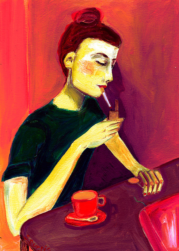 Ilustrace ženy kouřící s červeným šálkem