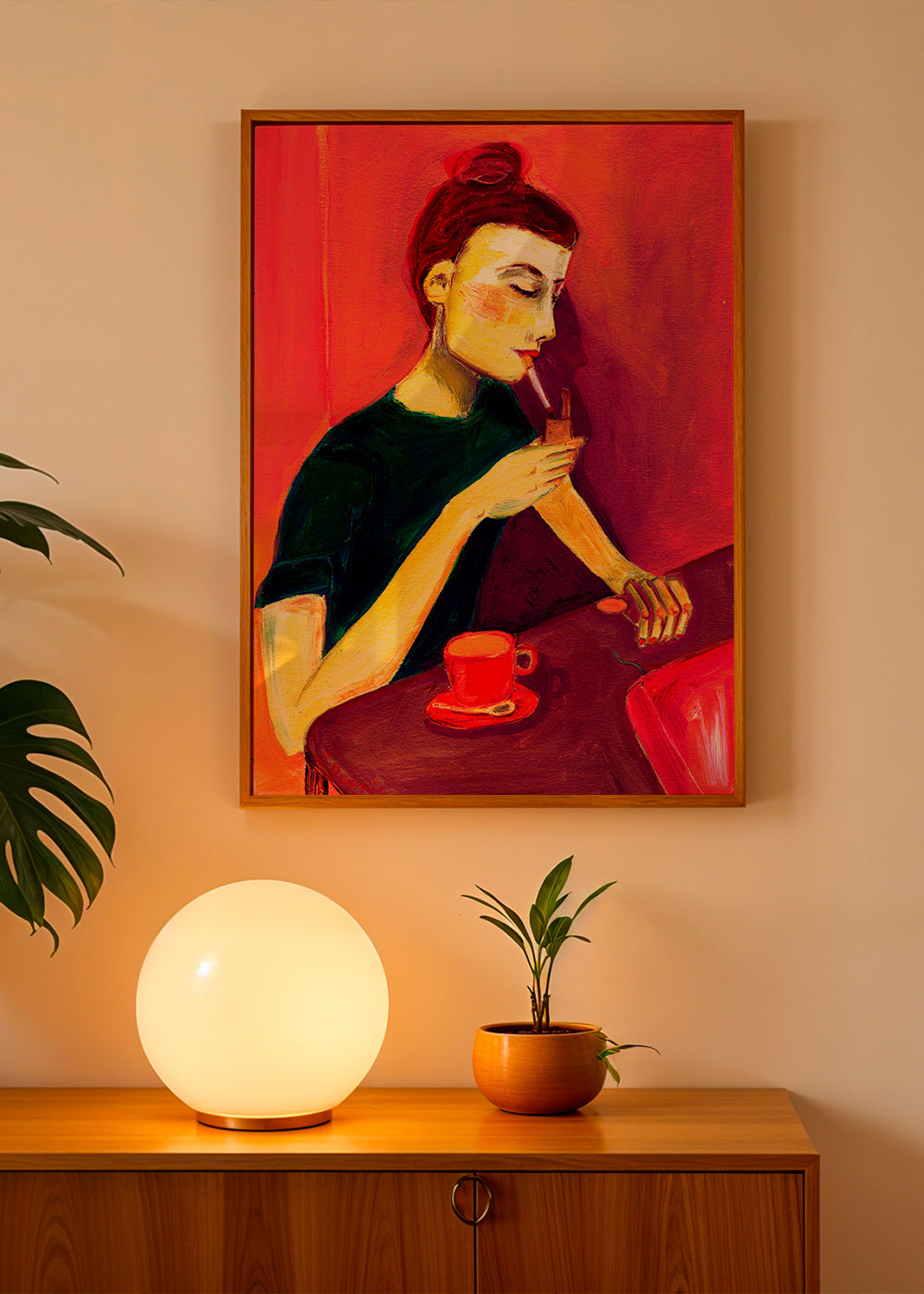 Ilustrace ženy kouřící s červeným šálkem – Product1