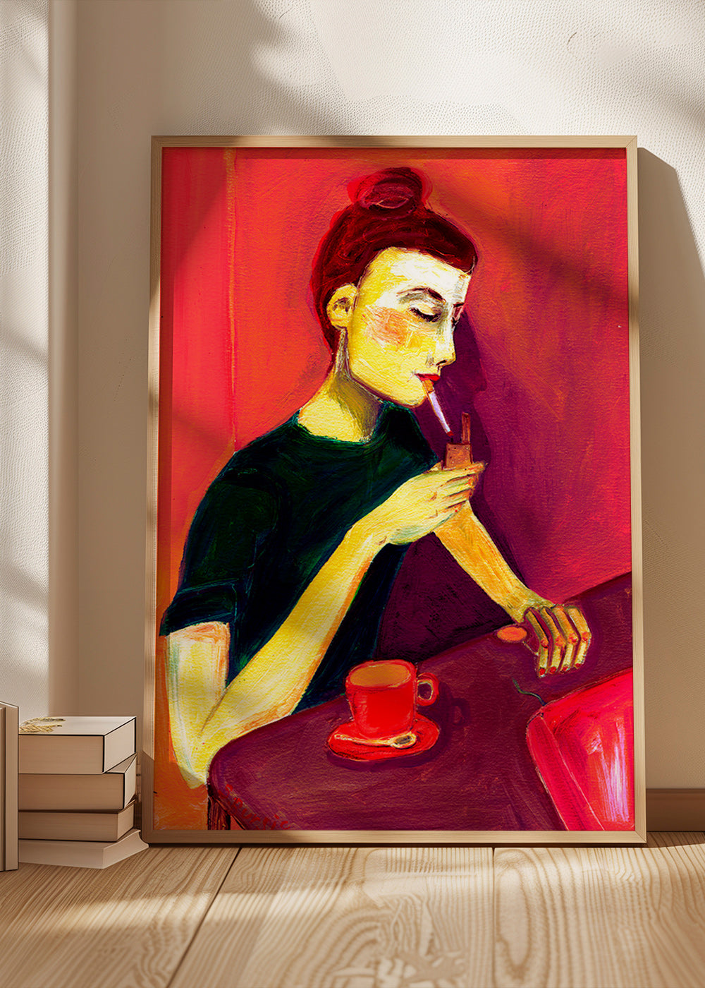 Ilustrace ženy kouřící s červeným šálkem – Product3
