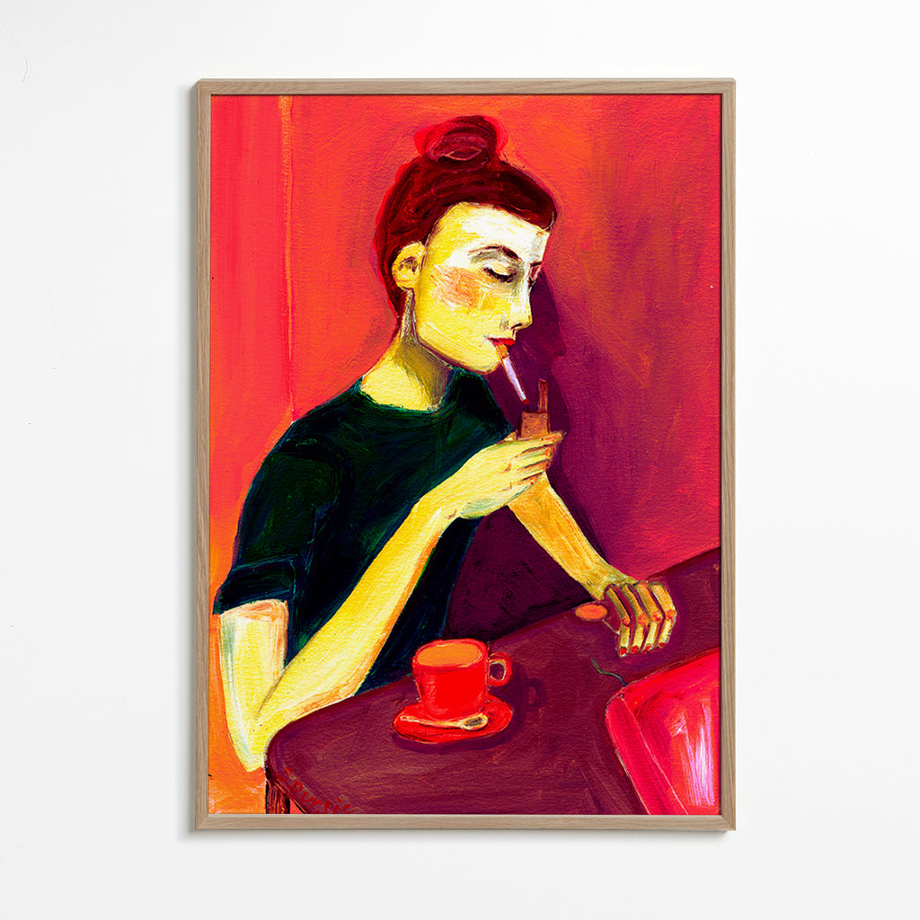 Ilustrace ženy kouřící s červeným šálkem – Oak Frame