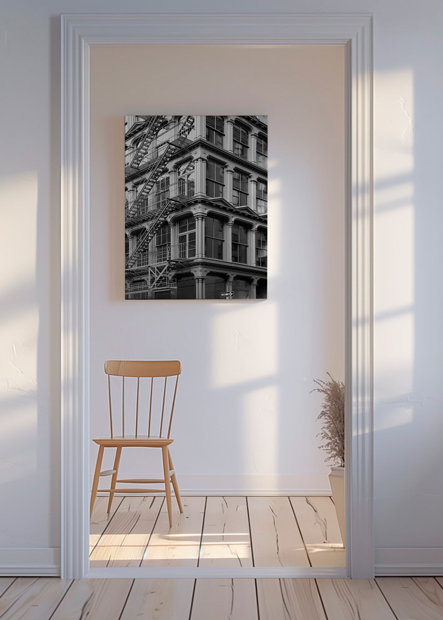 Fotografie městského rohu s protipožárními schody – Canvas