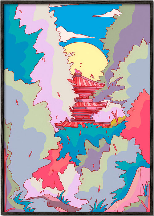 Ilustrace japonského chrámu v živých barvách – Black Frame