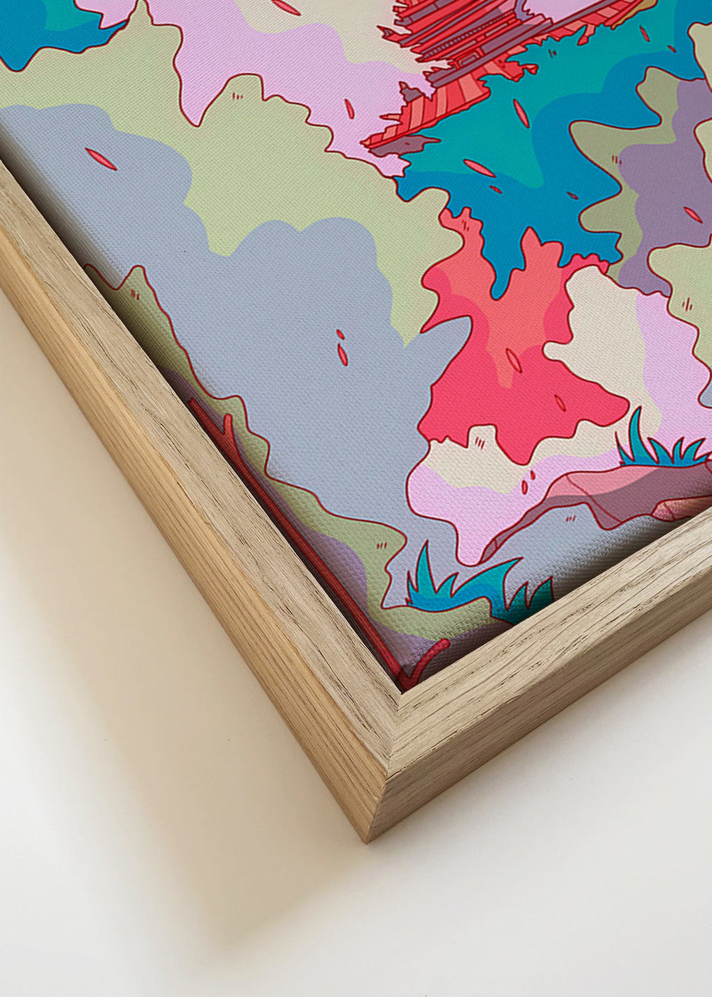 Ilustrace japonského chrámu v živých barvách – Canvas detail