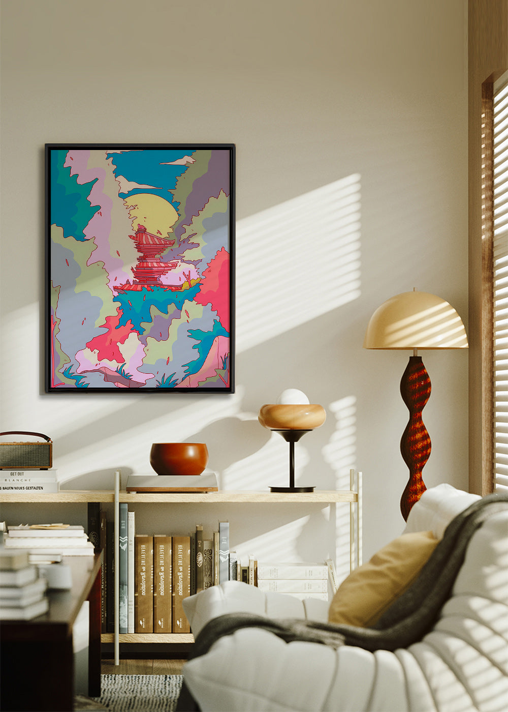 Ilustrace japonského chrámu v živých barvách – Canvas2
