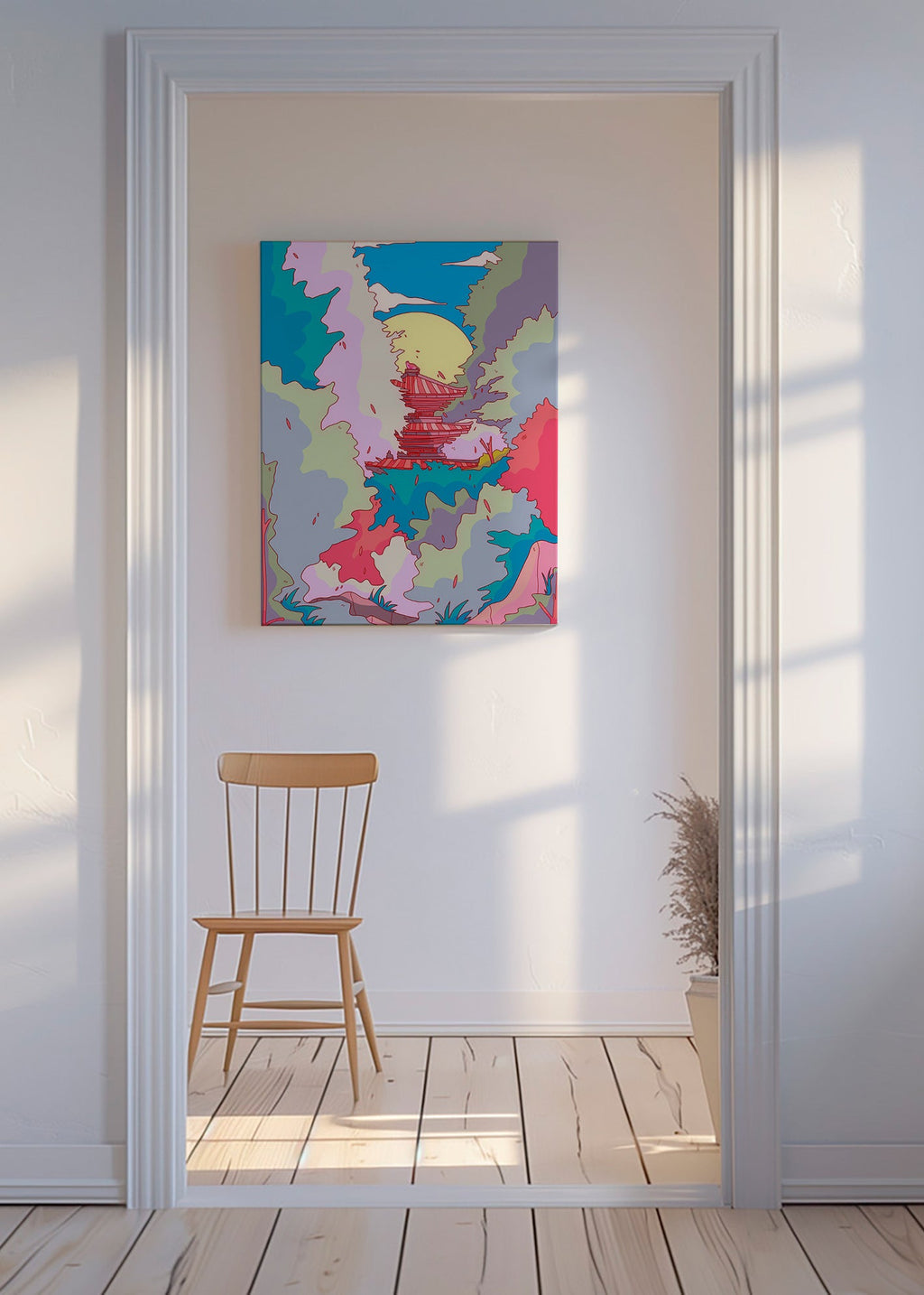 Ilustrace japonského chrámu v živých barvách – Canvas