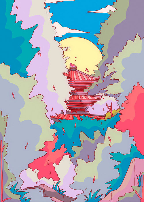 Ilustrace japonského chrámu v živých barvách
