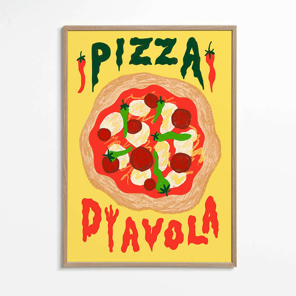 Obraz do kuchyně: Ilustrace Pizza Diavola – Oak Frame