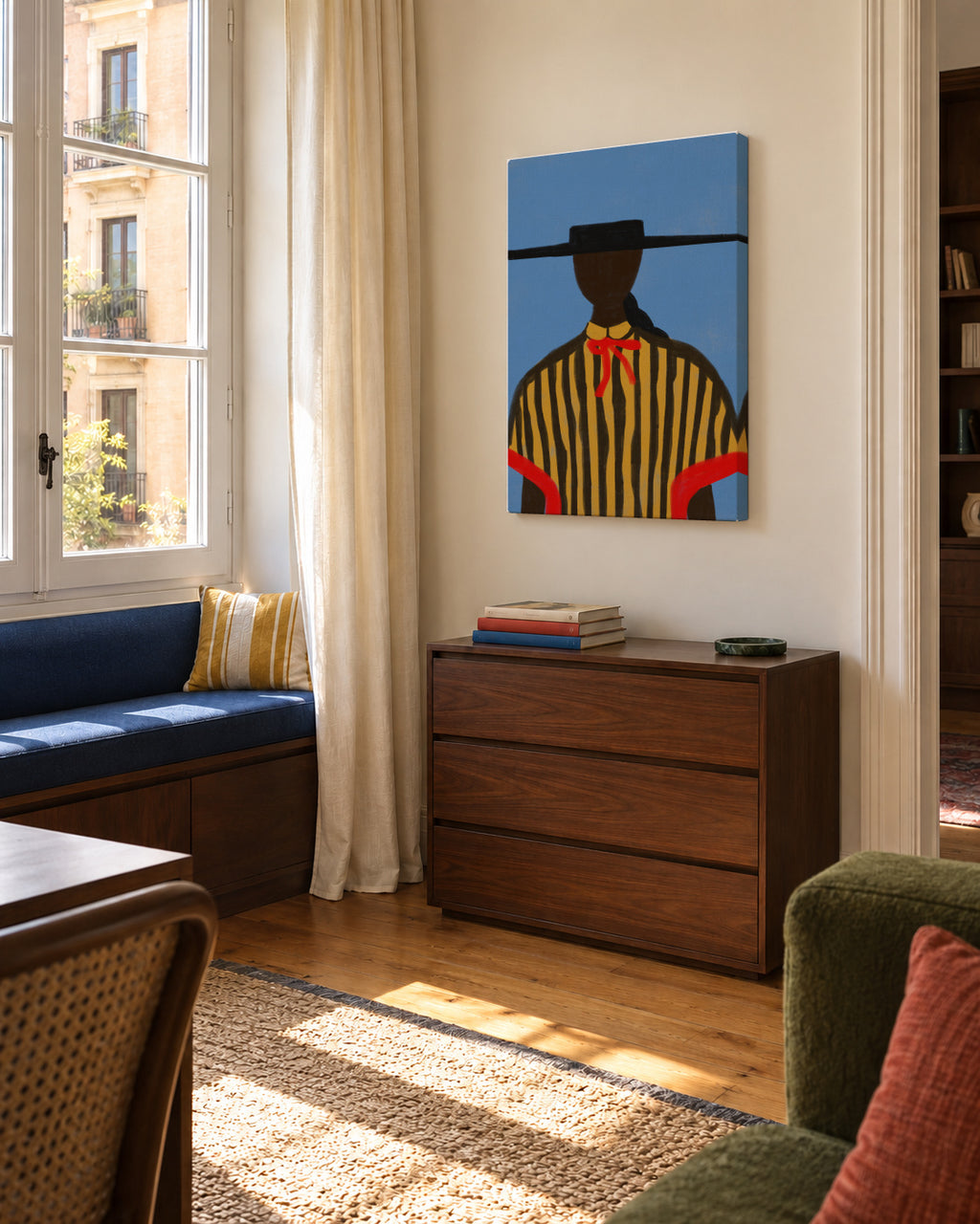 Bold Hat Woman and Stripes New Mexico Style - Unframed canvas in an interior
