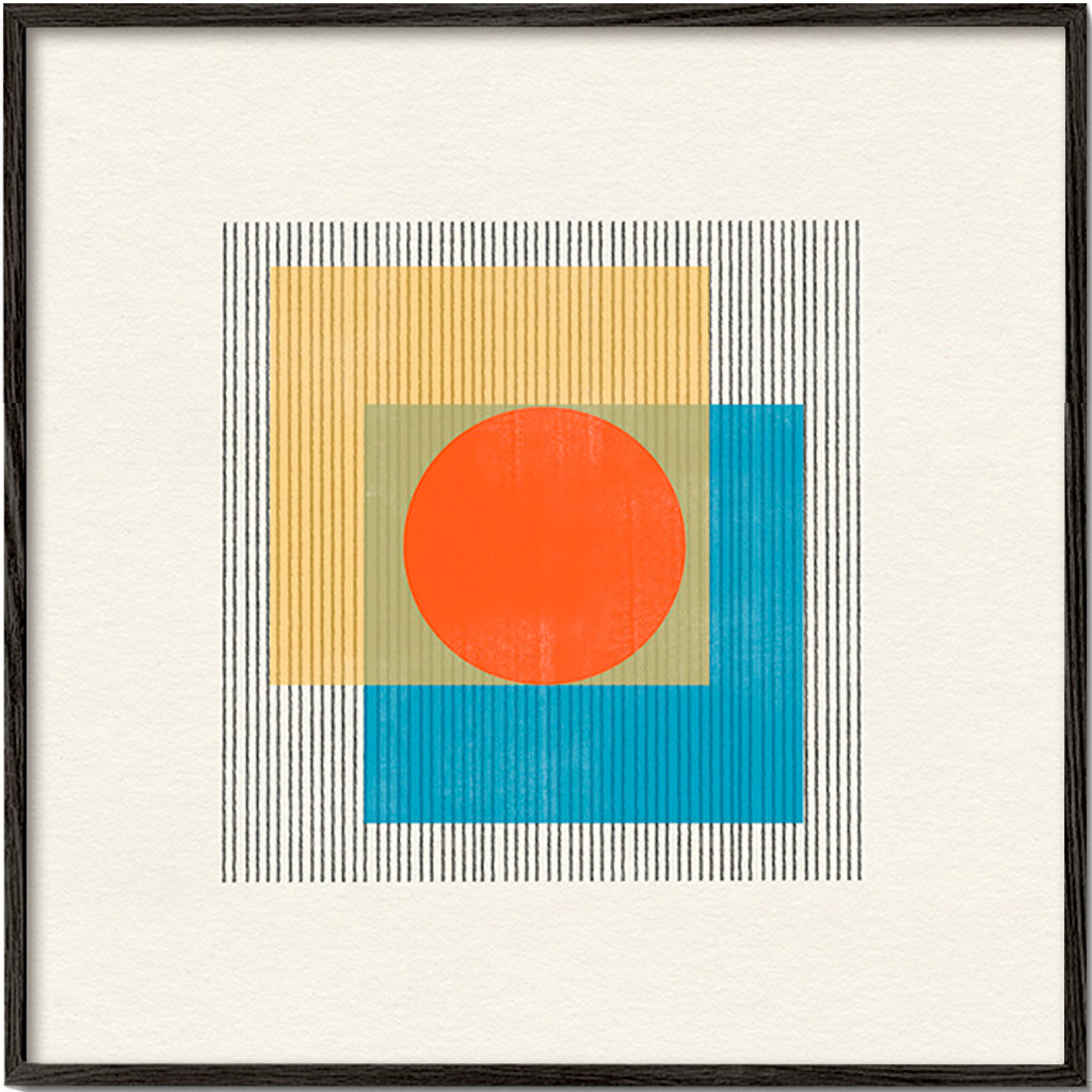 Geometrický obraz s centrálním kruhem a překrývajícími se čtverci – Black Frame