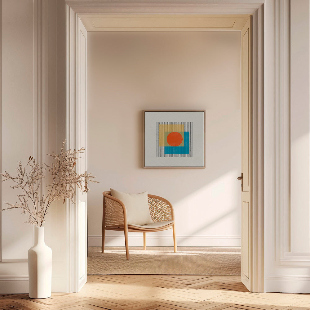 Geometrický obraz s centrálním kruhem a překrývajícími se čtverci – Canvas1