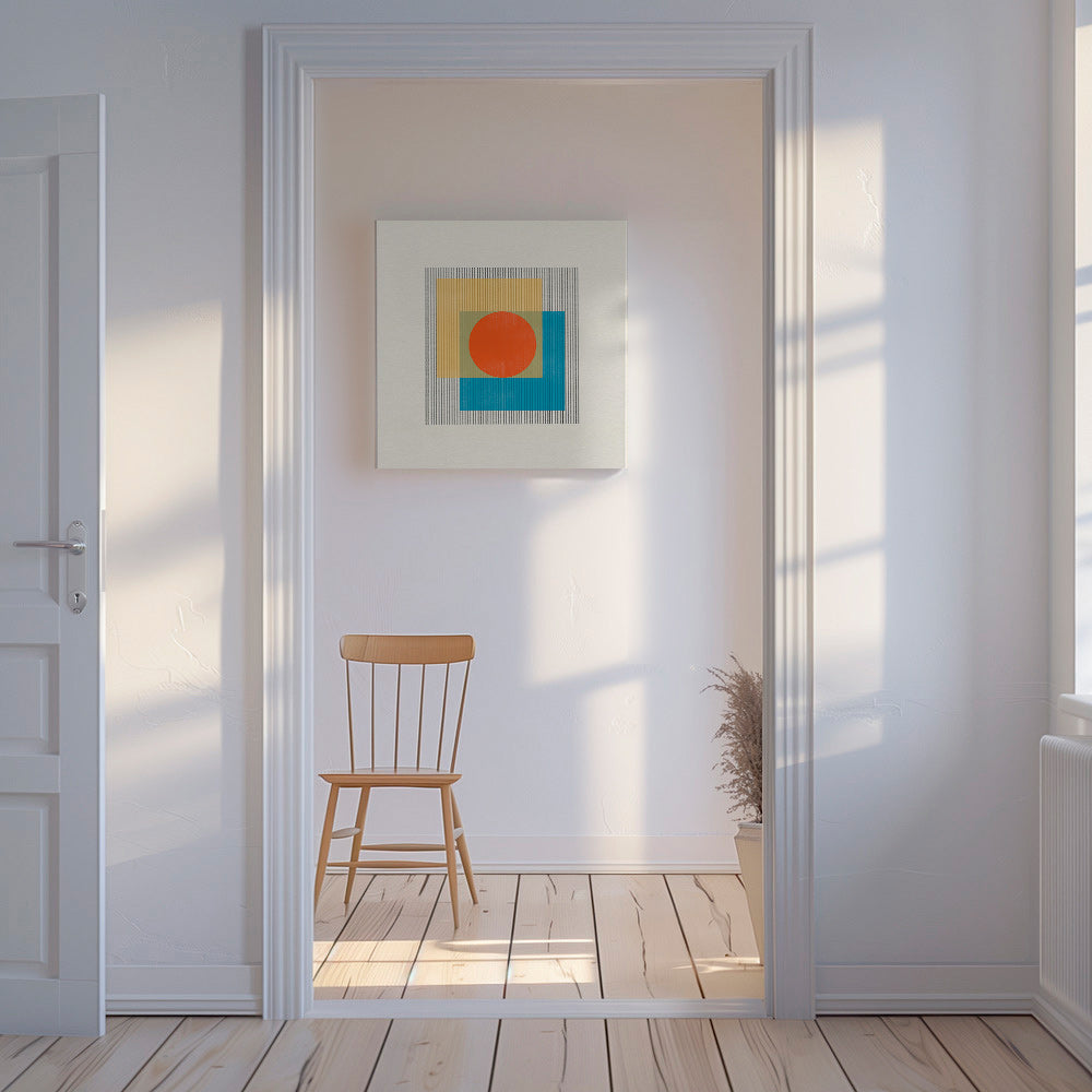 Geometrický obraz s centrálním kruhem a překrývajícími se čtverci – Canvas
