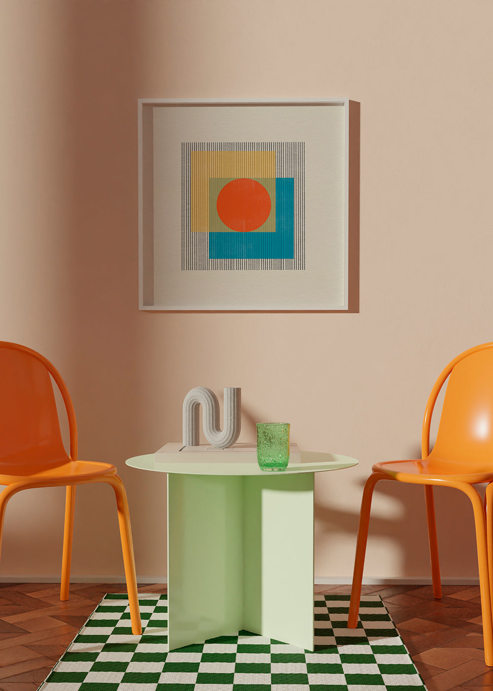 Geometrický obraz s centrálním kruhem a překrývajícími se čtverci – Product3