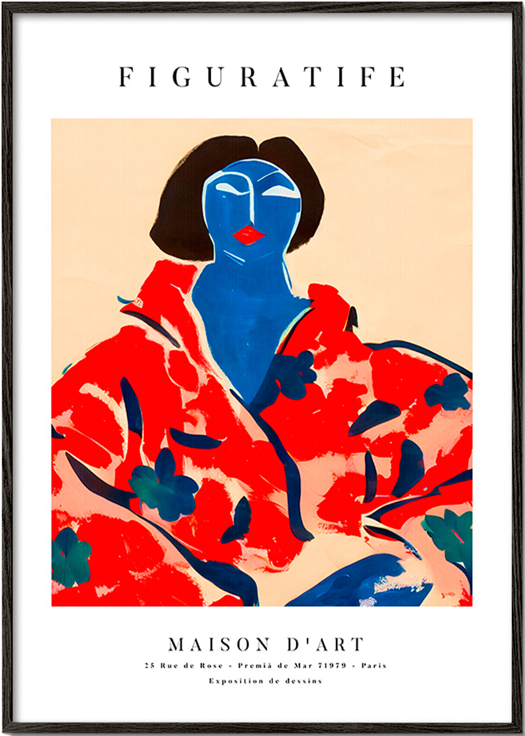 Ilustrace ženy v červeném kimonu – Black Frame