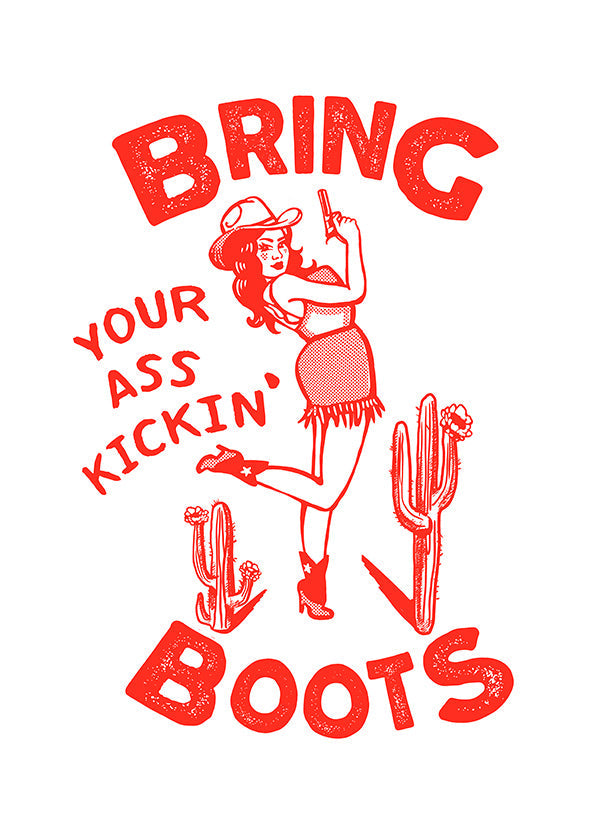 Ilustrace cowgirl se vtipným nápisem