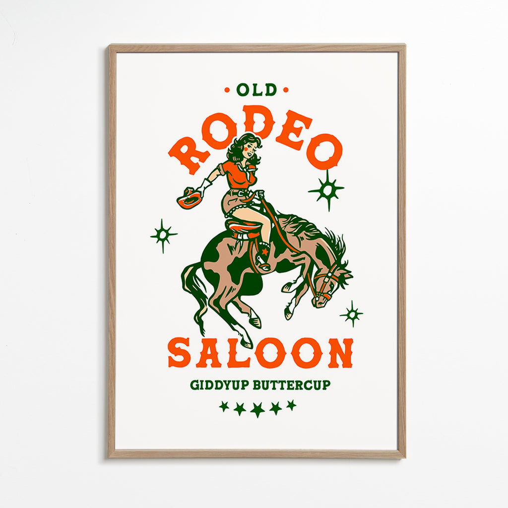 Vintage rodeo plakát s kovbojkou – Oak Frame