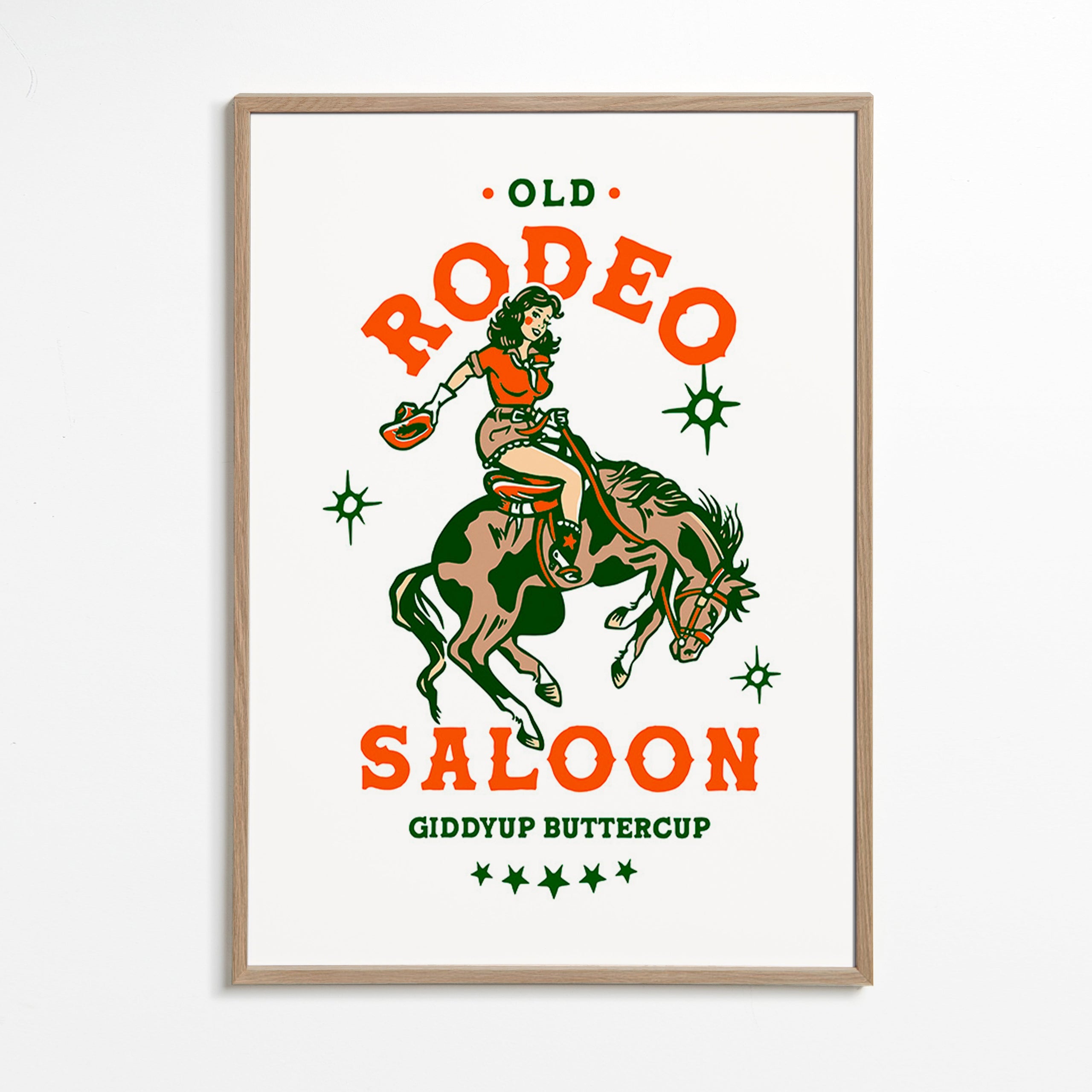 Vintage rodeo plakát s kovbojkou – Oak Frame