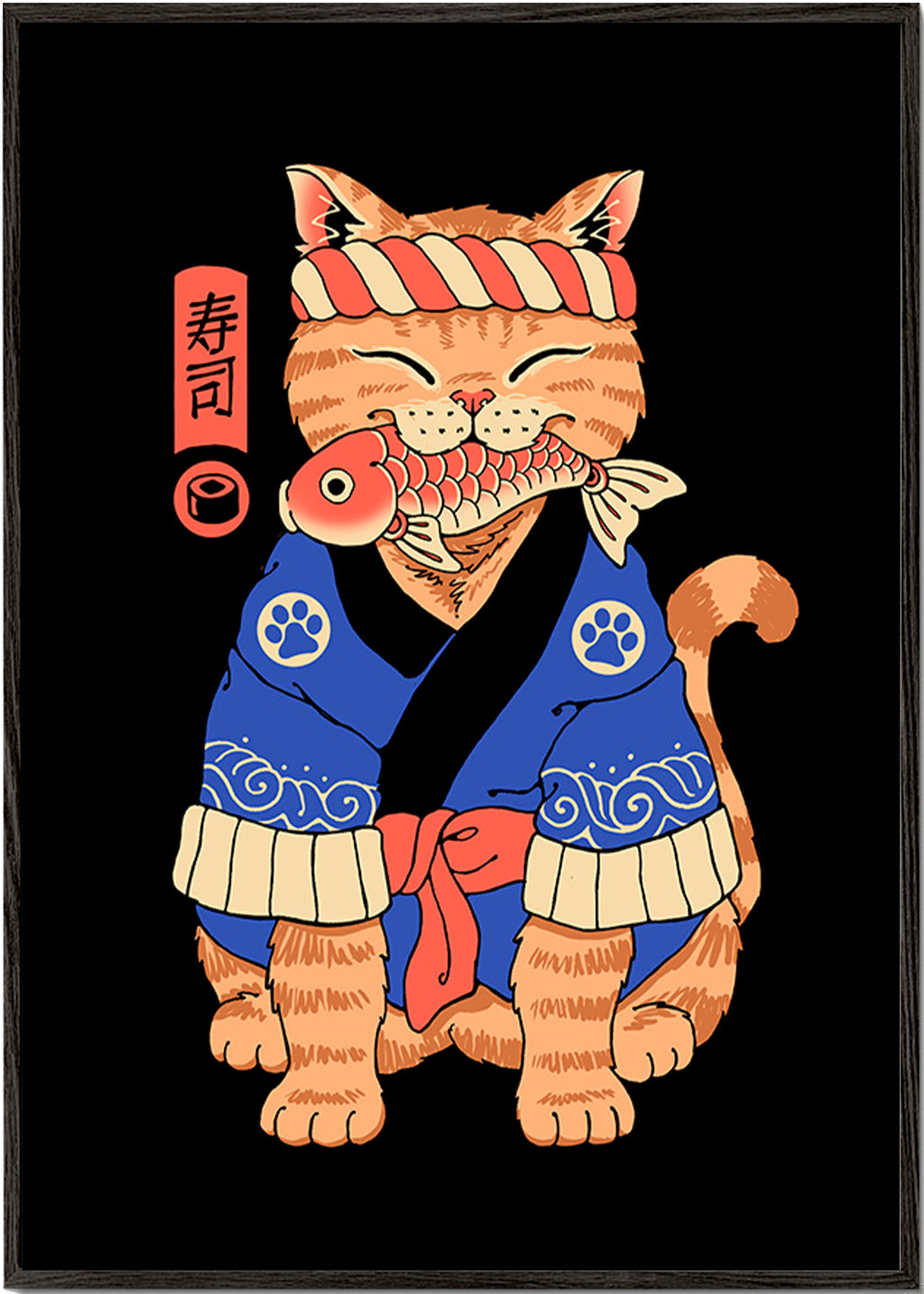 Obraz: japonská ilustrace kočky s rybou – Black Frame