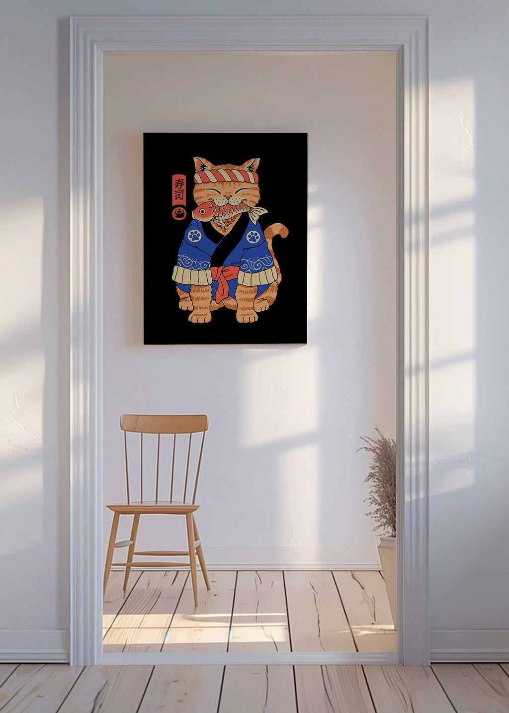 Obraz: japonská ilustrace kočky s rybou – Canvas