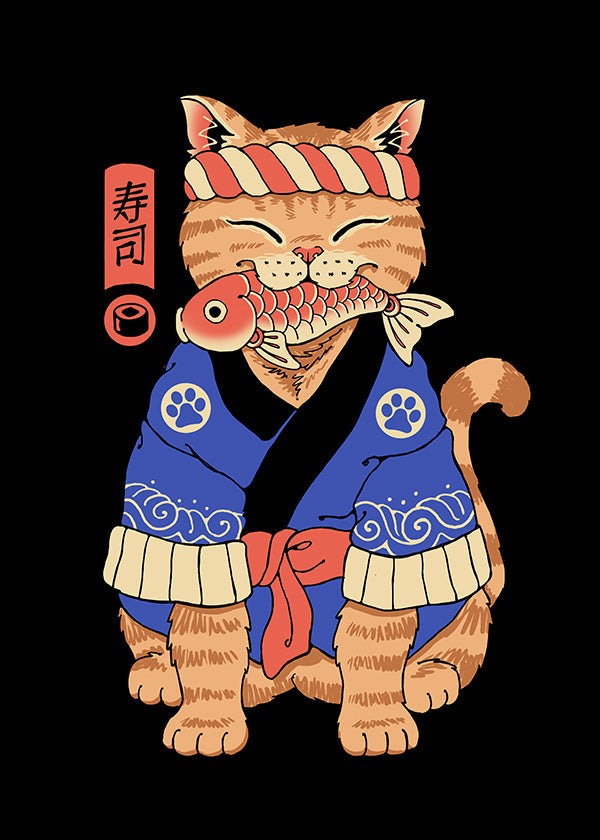 Obraz: japonská ilustrace kočky s rybou