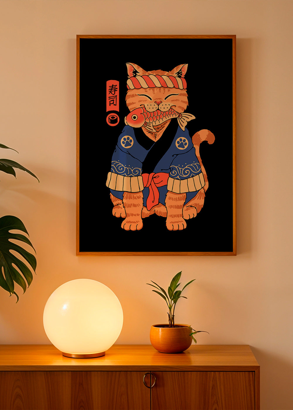 Obraz: japonská ilustrace kočky s rybou – Product1