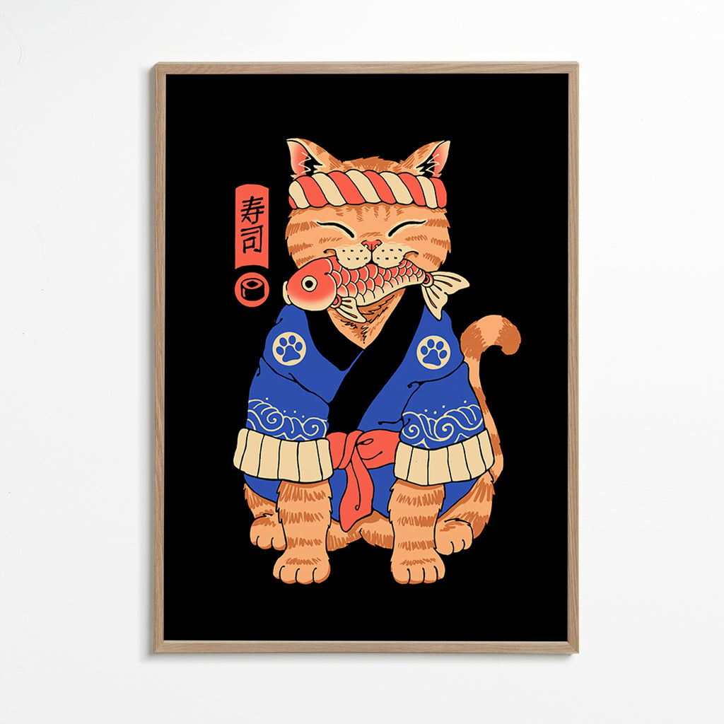 Obraz: japonská ilustrace kočky s rybou – Oak Frame