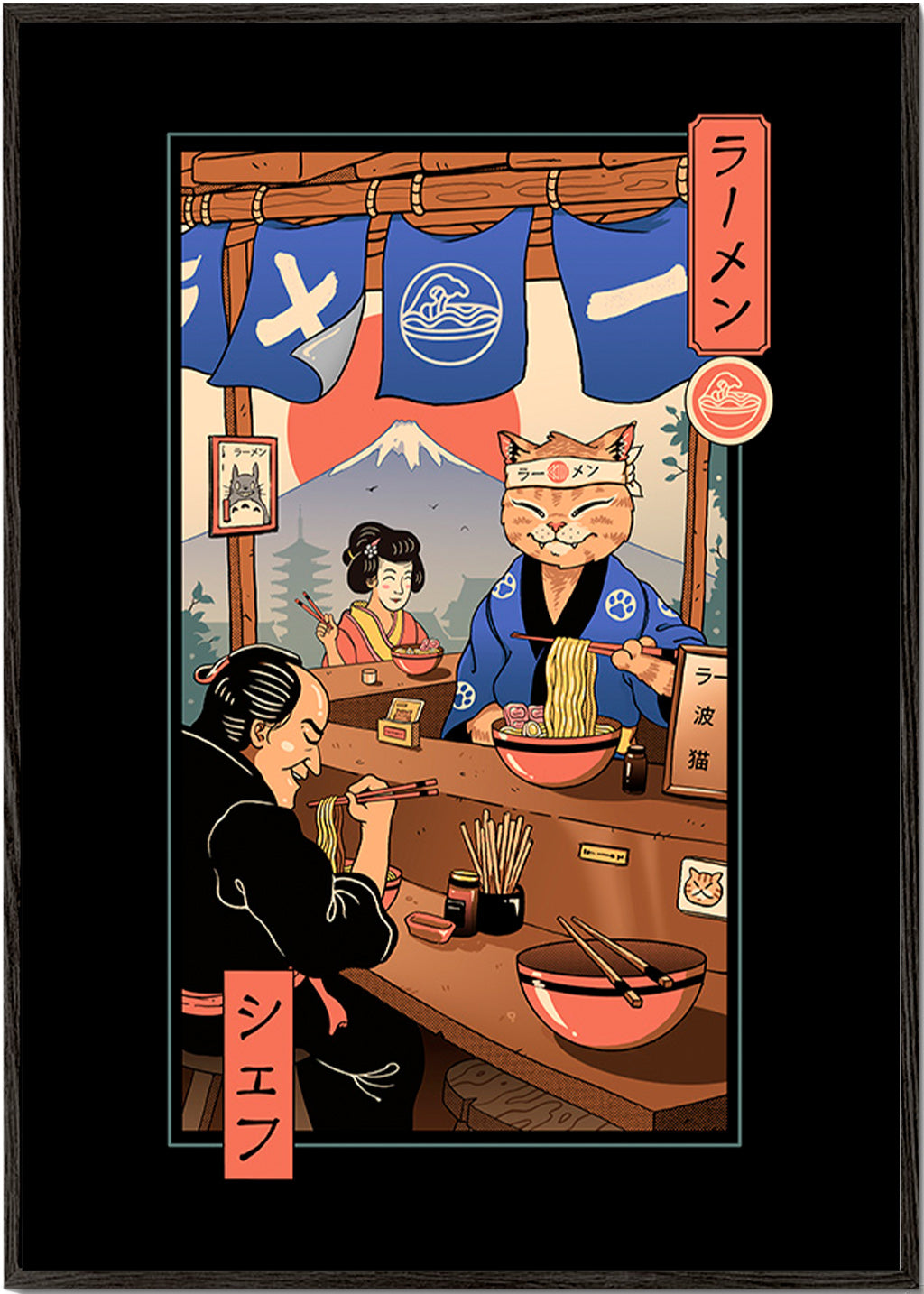 Obraz do kuchyně Ramen Meowster, ilustrovaná ramen kočka – Black Frame