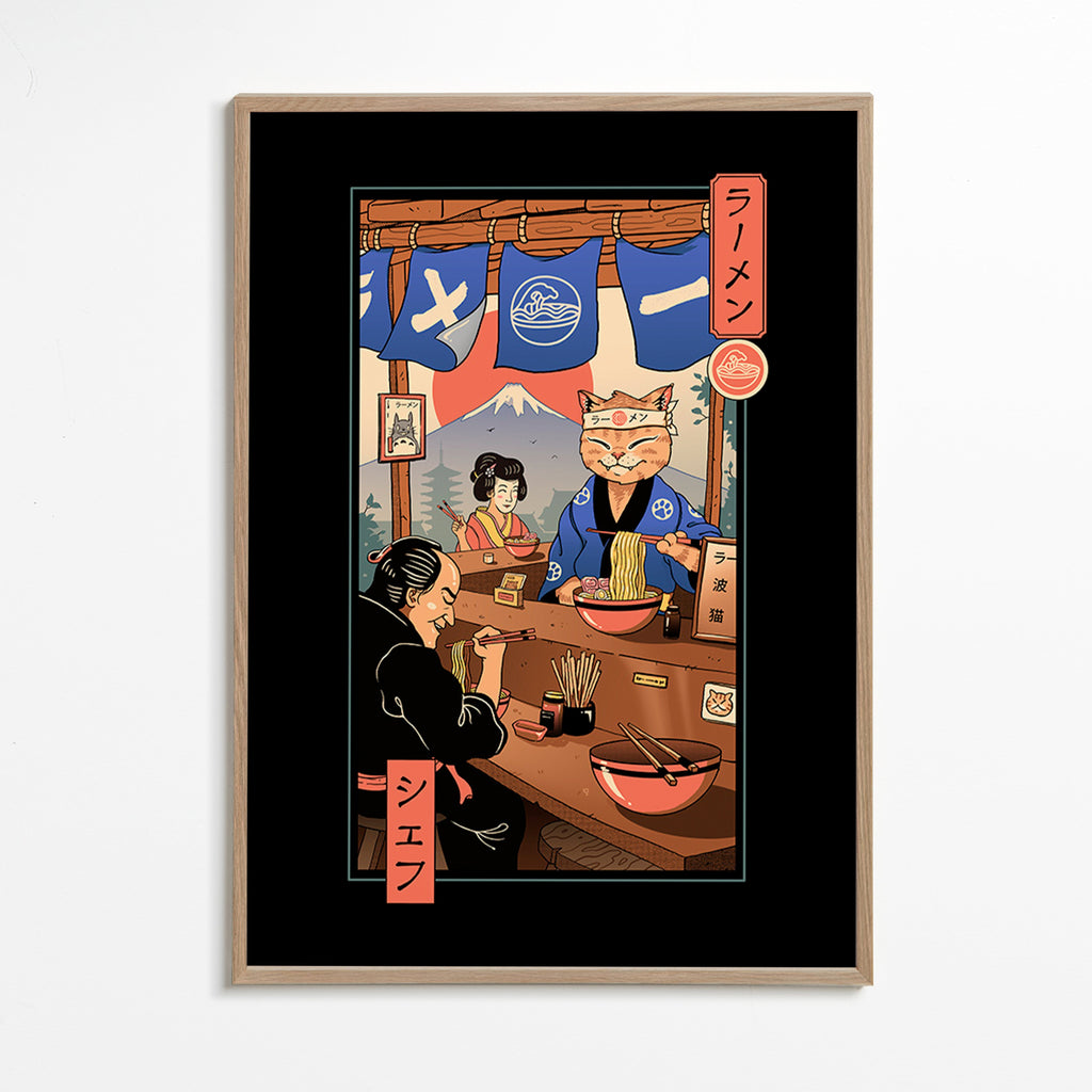 Obraz do kuchyně Ramen Meowster, ilustrovaná ramen kočka – Oak Frame