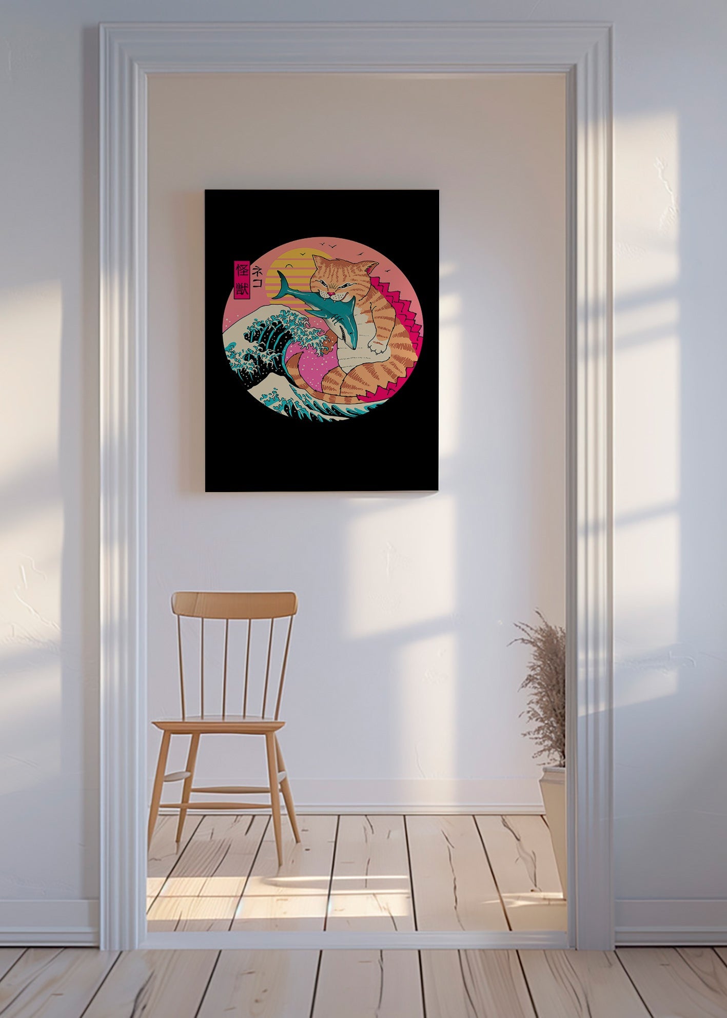 Ilustrace kočky kaiju s vlnou – Canvas