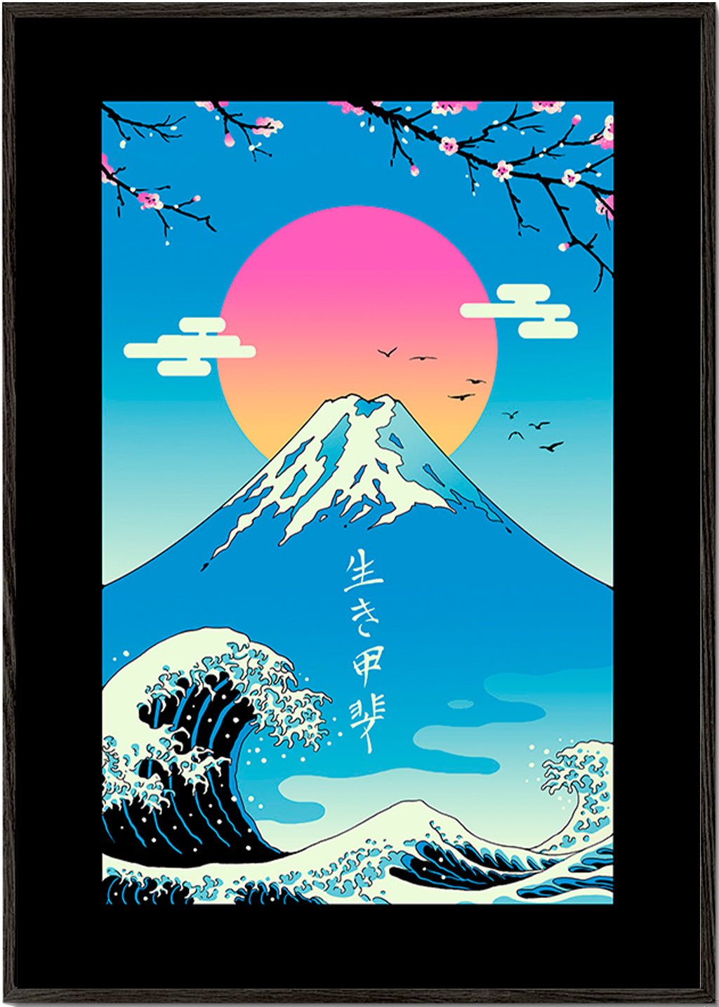 Japonská ilustrace Mount Fuji s ikonickou vlnou – Black Frame