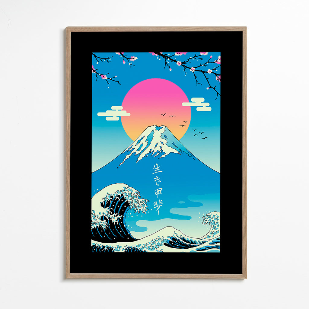 Japonská ilustrace Mount Fuji s ikonickou vlnou – Oak Frame