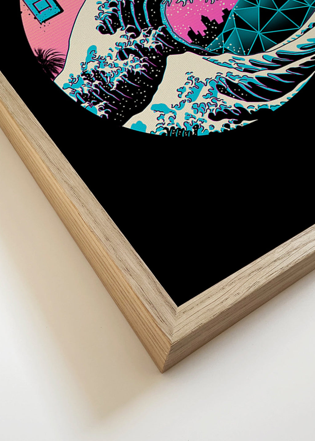 Retro ilustrace vlny s růžovým sluncem – Canvas detail