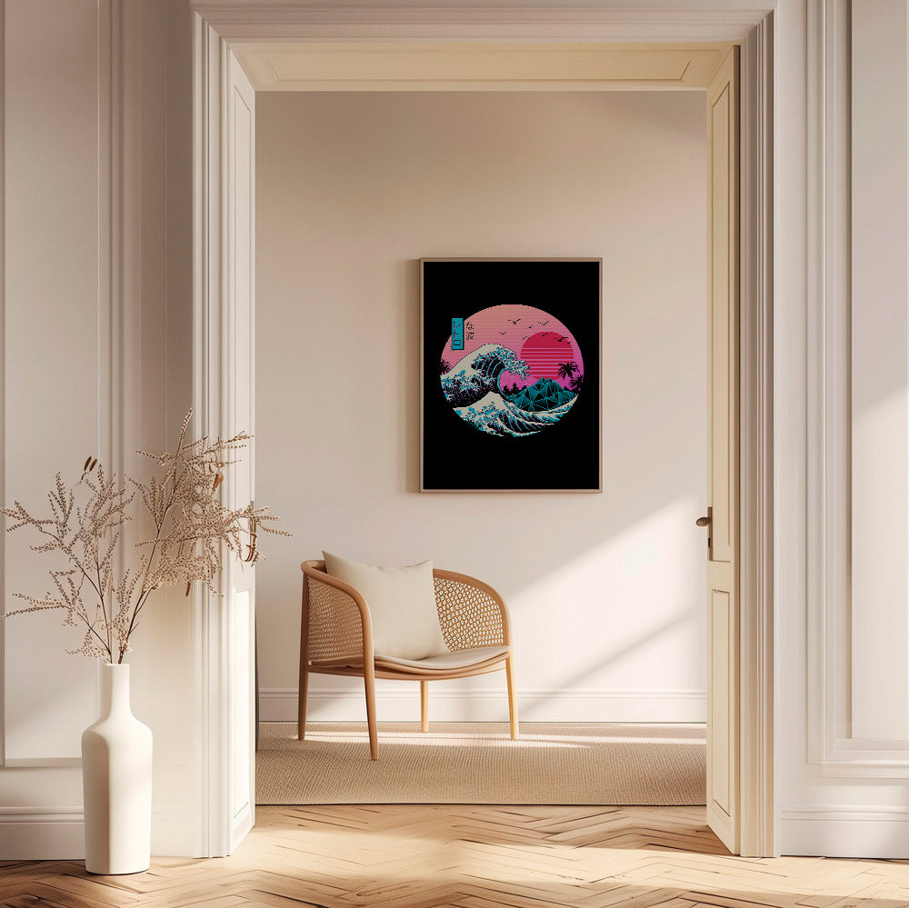 Retro ilustrace vlny s růžovým sluncem – Canvas1