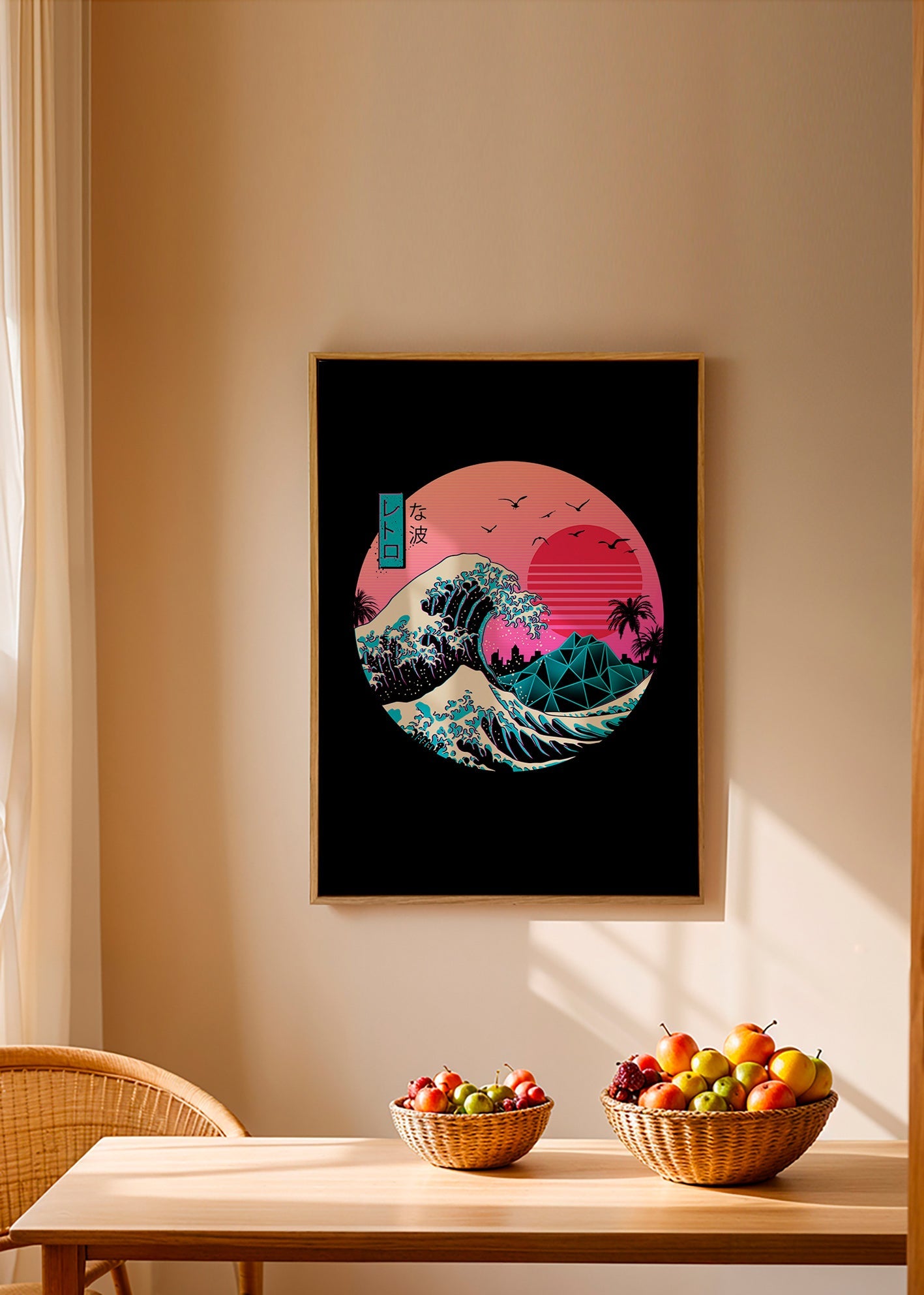 Retro ilustrace vlny s růžovým sluncem – Canvas2