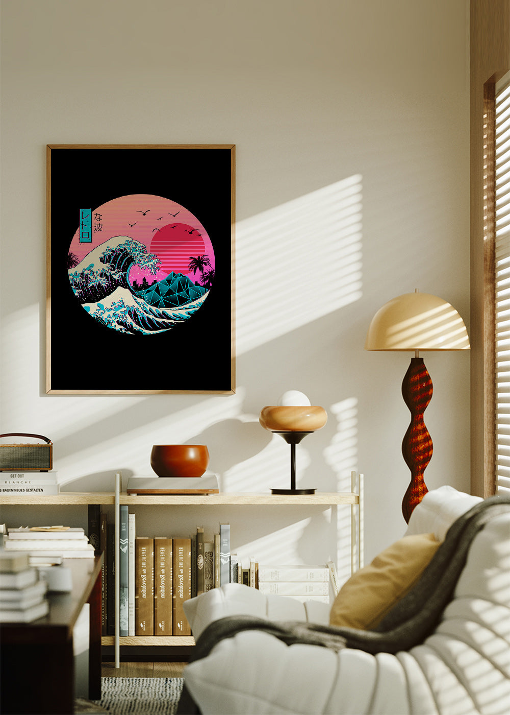Retro ilustrace vlny s růžovým sluncem – Product2