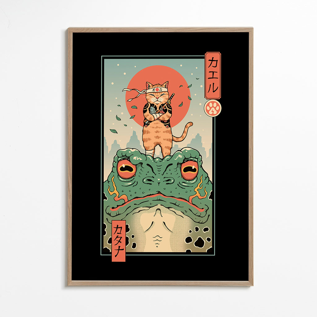 Obraz kocour samuraj na žábě – Oak Frame