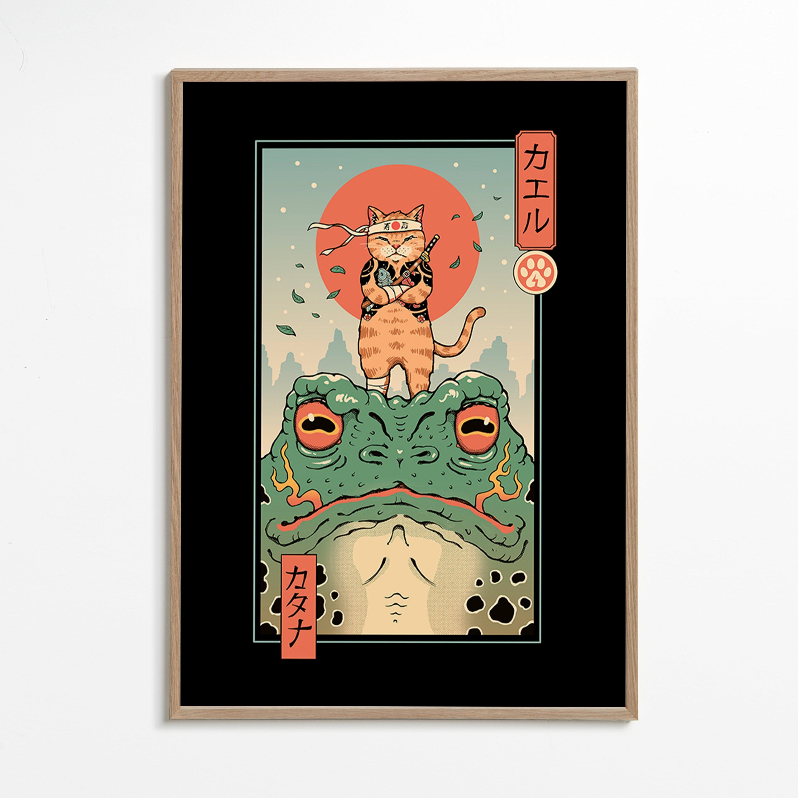 Obraz kocour samuraj na žábě – Oak Frame