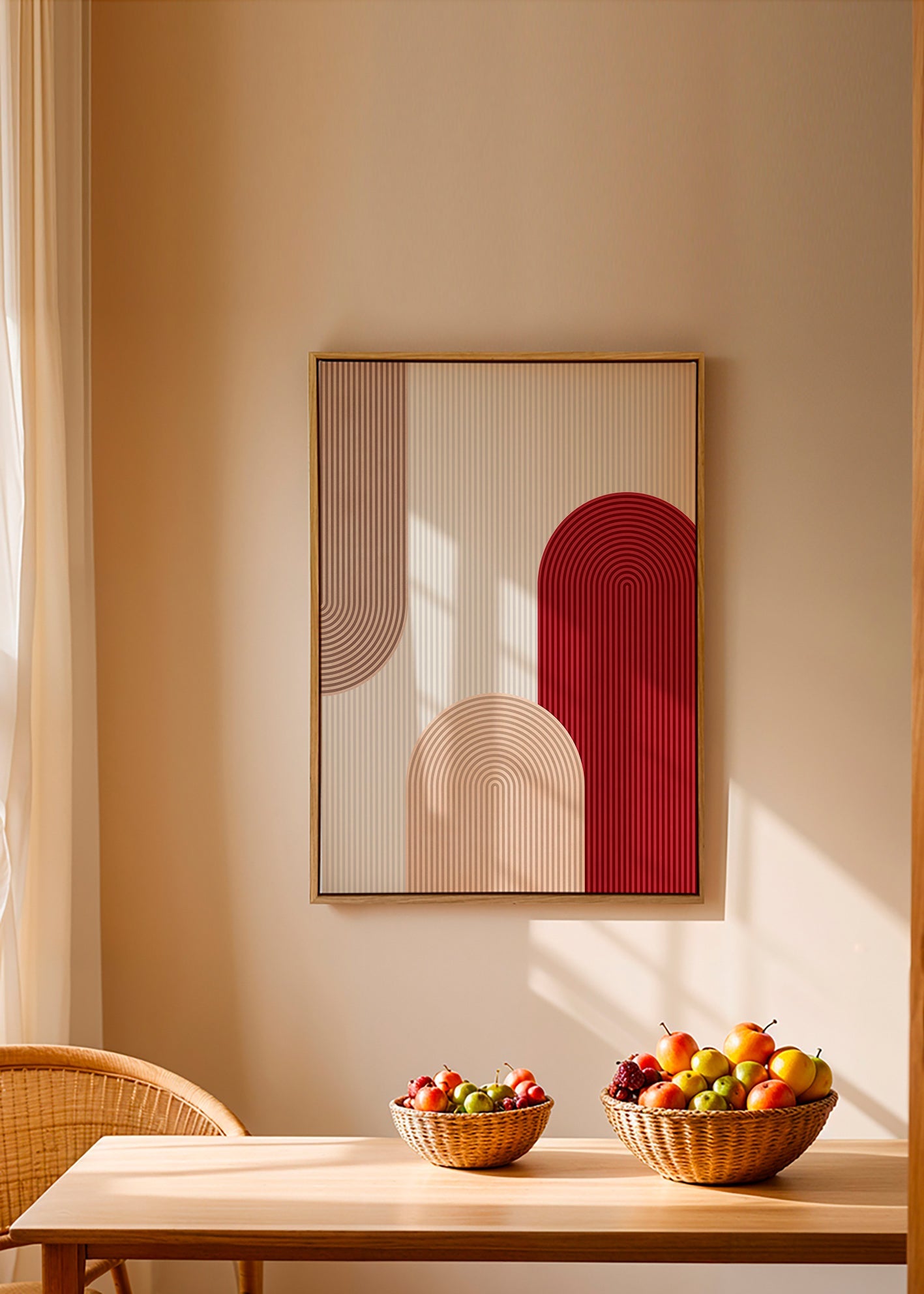 Geometrický plakát s červenými a béžovými oblouky – Canvas1