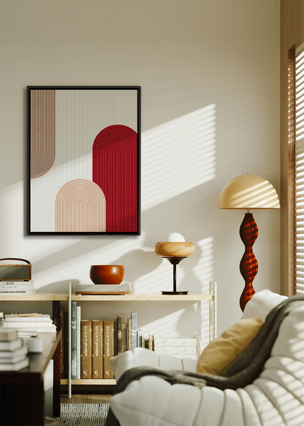 Geometrický plakát s červenými a béžovými oblouky – Canvas2