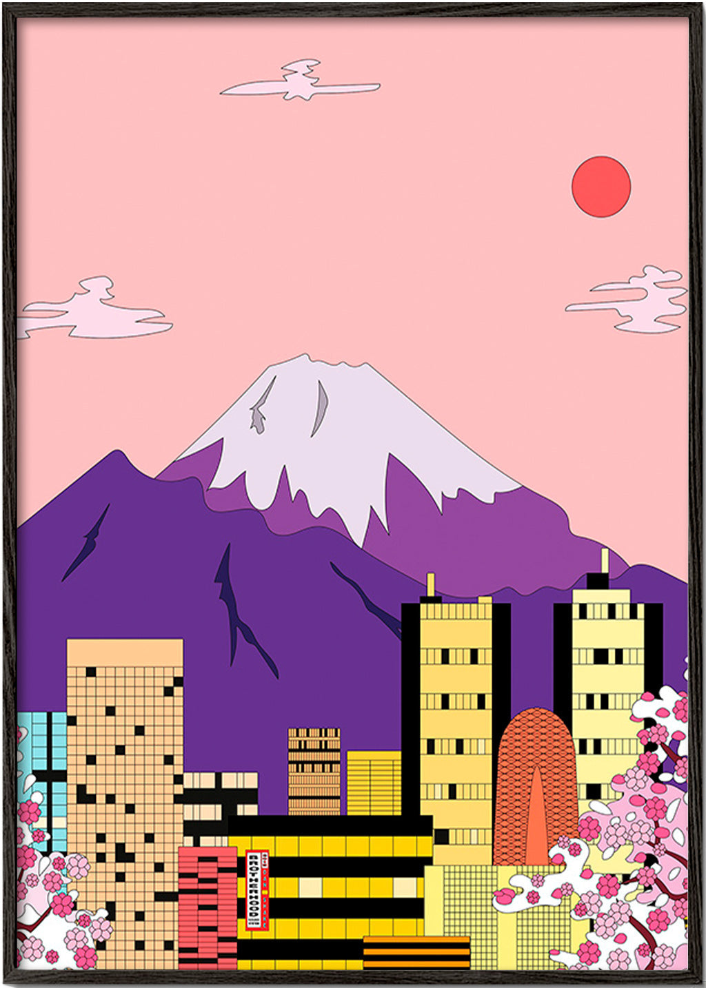Obraz města Tokio s horou Fudži a sakurou – Black Frame