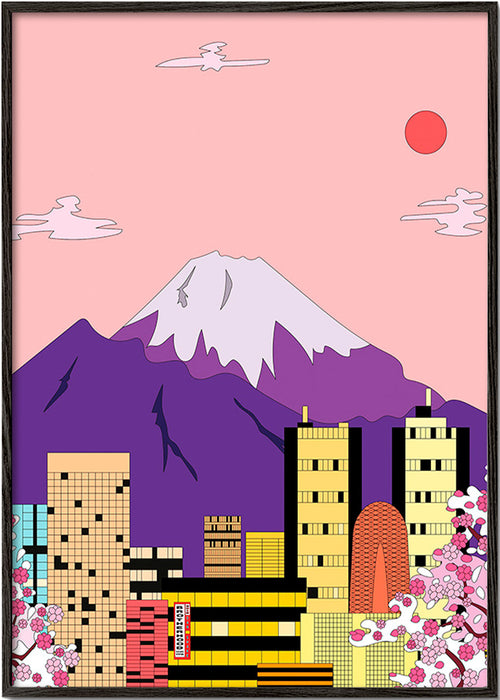 Obraz města Tokio s horou Fudži a sakurou – Black Frame