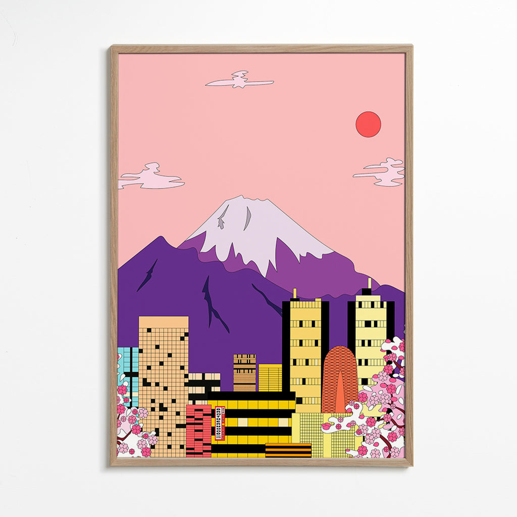 Obraz města Tokio s horou Fudži a sakurou – Oak Frame