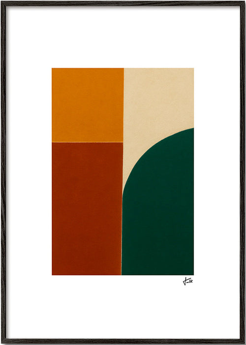 Geometrický obraz se zeleným obloukem a okrovými bloky – Black Frame