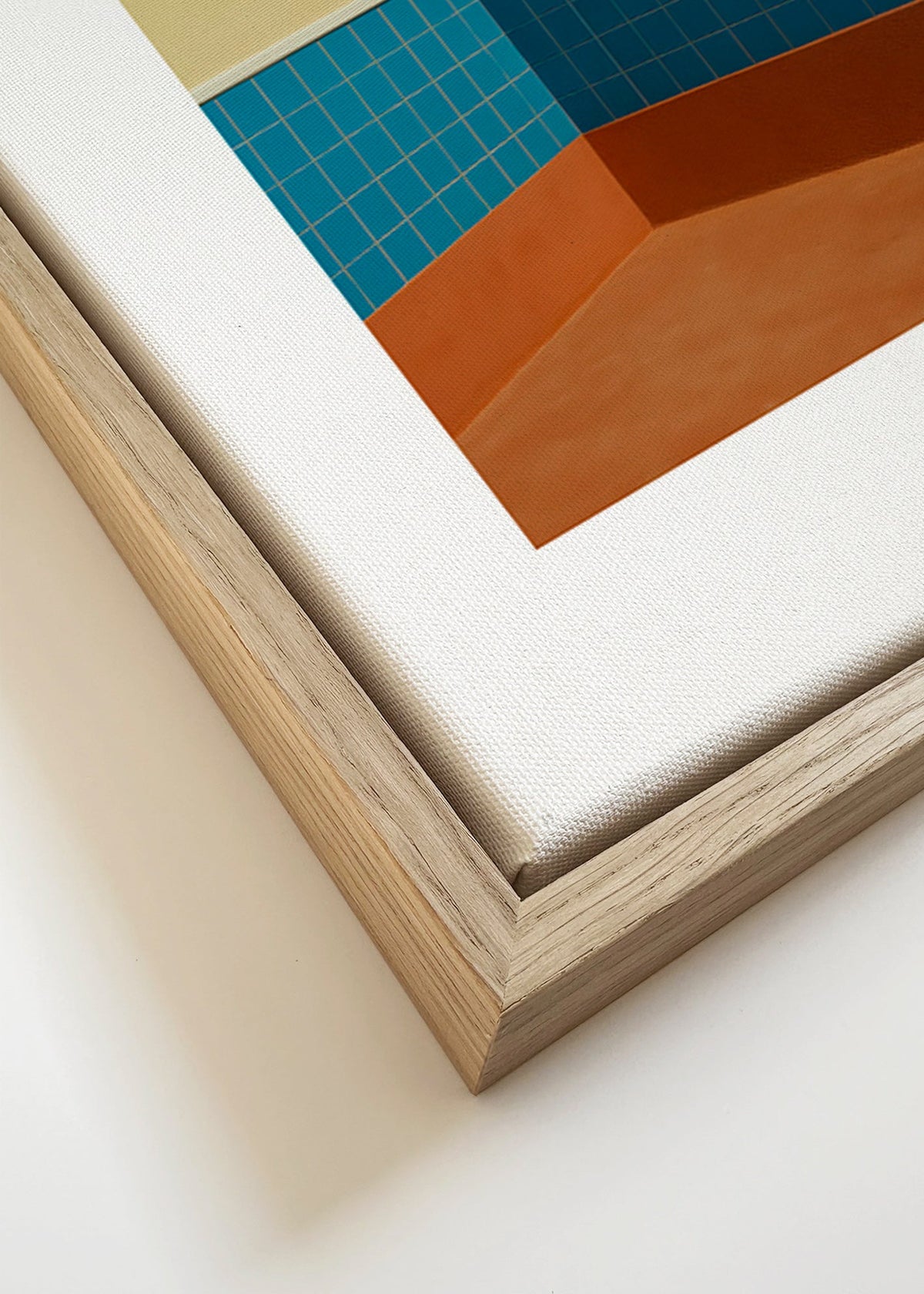 Minimalistický obraz: roh s modrými dlaždicemi a terakotovou podlahou – Canvas detail