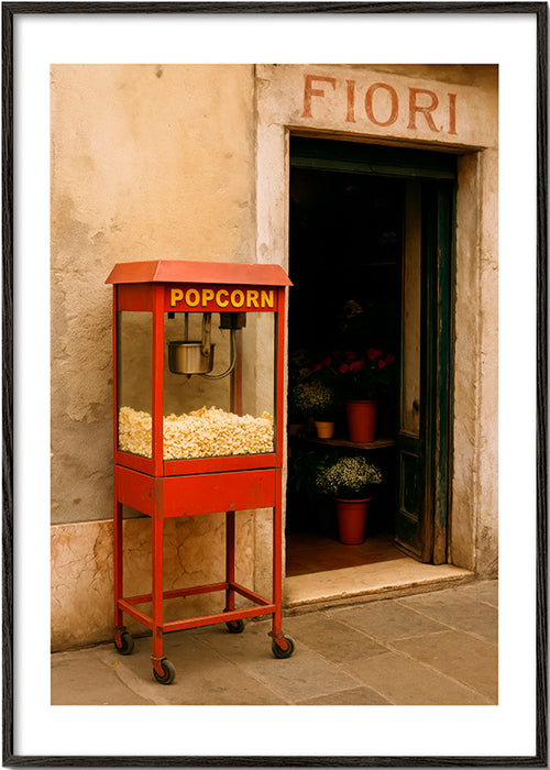 Obraz do kuchyně s vintage popcorn vozíkem – Black Frame