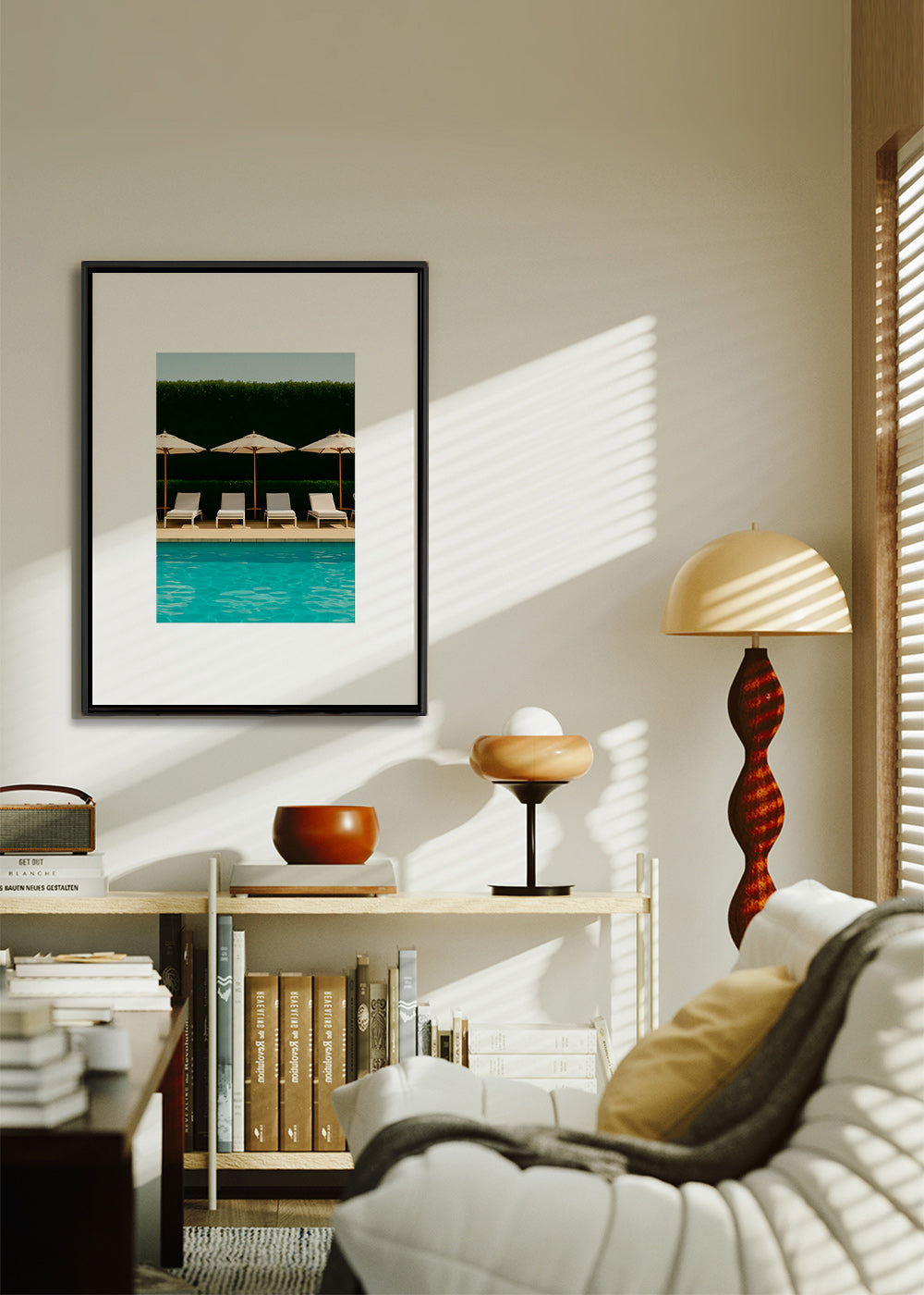 Fotografie bazénu s slunečníky a čistými liniemi – Canvas1